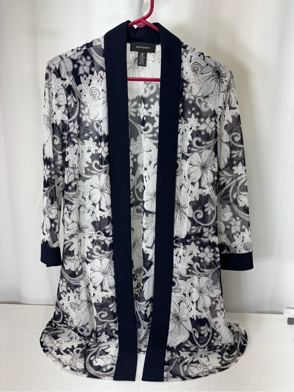 R&M Richards Black and White Floral Mesh Kimono Jacket 4259